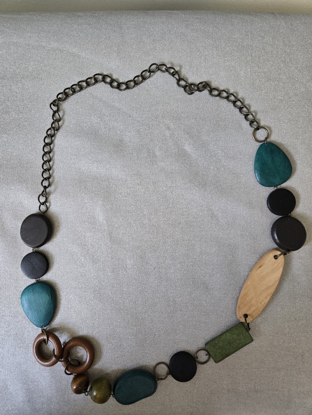 Handmade Teal, Green & Natural Wood Statement Necklace